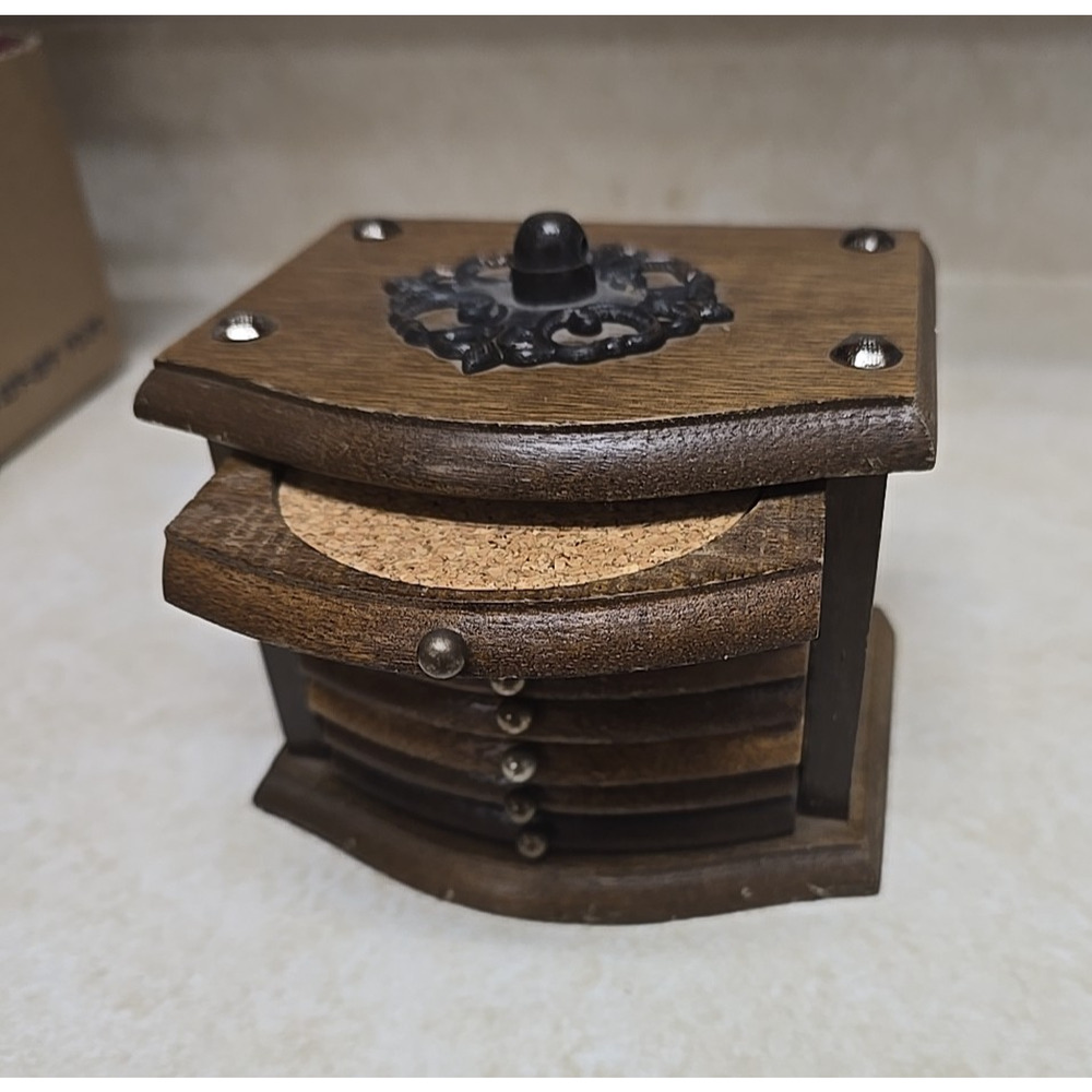 Vtg MCM 8-Pcs Wood and Cork‎ Hardwood Retro Drink Caddy Coaster Set